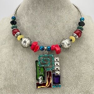 Bold Abstract Art Beaded Necklace with Colorful Pendant – 20” Statement Piece